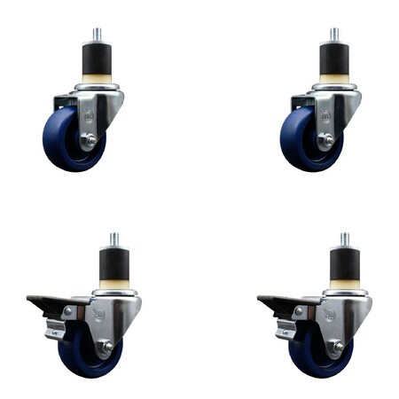 Service Caster 3'' Solid Poly Wheel Swivel 1-7/8'' Expanding Stem Caster Set 2 Brakes, 4PK SCC-EX20S314-SPUS-2-PLB-2-178